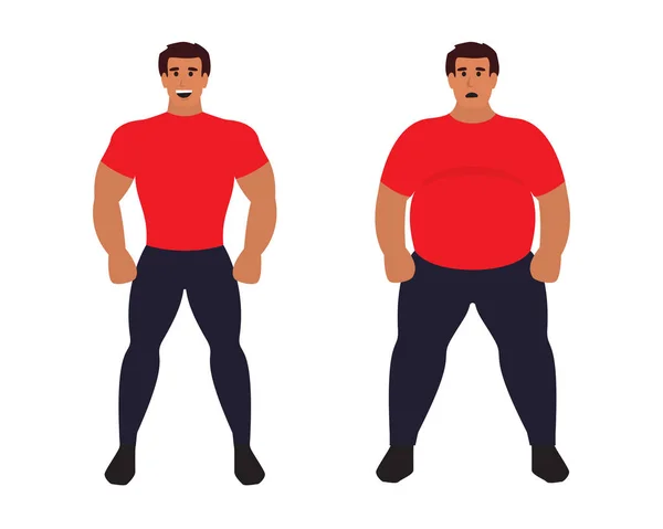 Gordo vs delgado. Deporte saludable cuerpo atlético en comparación con poco saludable. Ilustración vectorial plana — Vector de stock