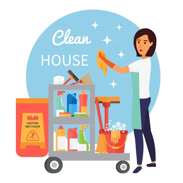 Cleaning service staff, janitor with trolley full of supplies and household equipment tools. Vector icons — Stock Vector