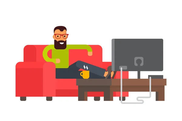 Hombre sentado en el sofá viendo la televisión en casa. Diseño plano vector carácter ilustración . — Vector de stock