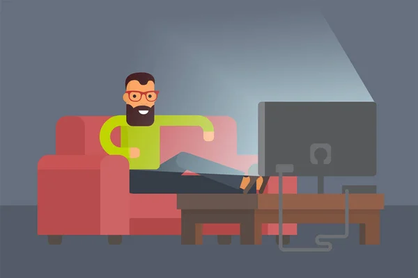 Hombre sentado en el sofá viendo la televisión en casa. Diseño plano vector carácter ilustración . — Archivo Imágenes Vectoriales