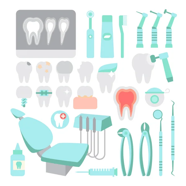 Cuidados dentários. Conjunto de ferramentas de instrumentos odontológicos. Dentes problemas e tratamento. Visite o médico. Ilustração vetorial de design plano —  Vetores de Stock