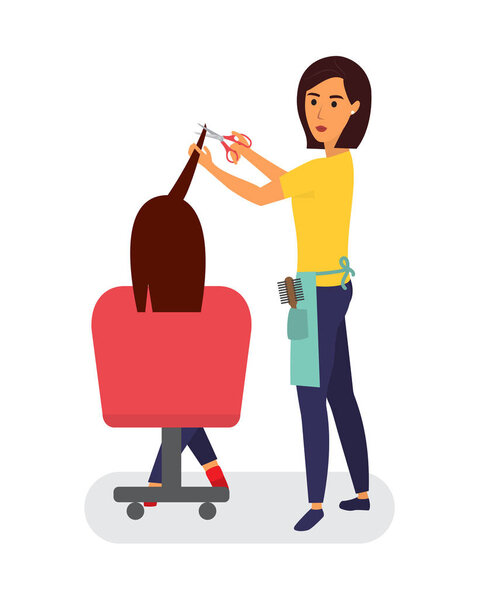 Hairdresser making haircut. Hair stylist in a barber salon. Flat design vector illustration