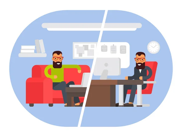 Freelancer vs business office. Comparing remote work with freelance working place. Flat design vector illustration. — Stock Vector