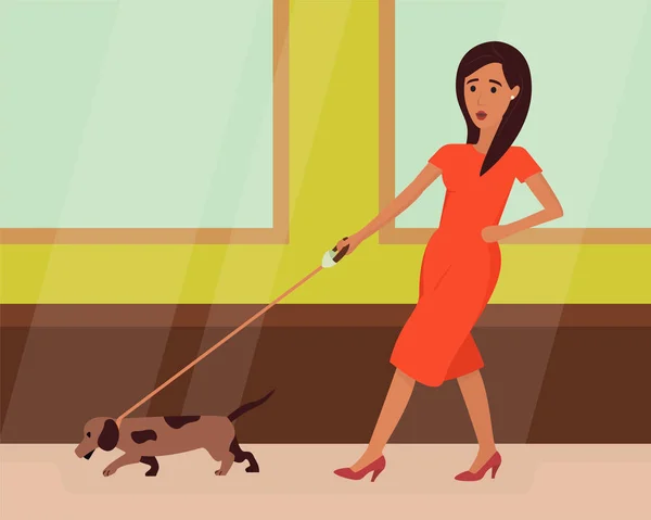 Mujer caminando con perro apurado. Vector plano — Vector de stock