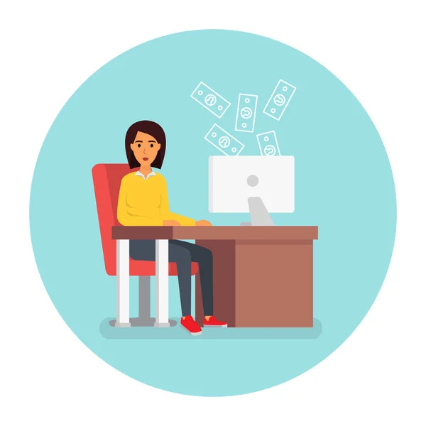 Mulher de negócios no local de trabalho no escritório com computador. Ilustração de design plano — Vetor de Stock