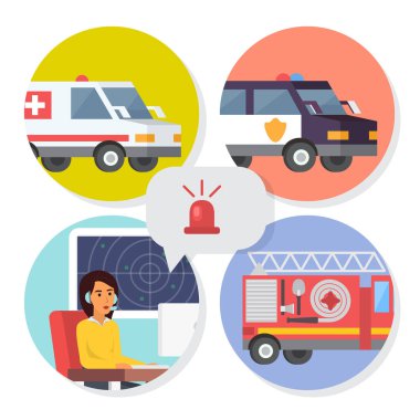 Acil çağrı merkezi online destek. Ambulans, itfaiye ve polis yardım telefonu operatörü. Düz tasarlamak vektör