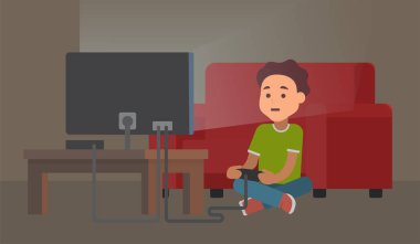 Geceleri video oyunu oynayan çocuk. Oyun bağımlılığı. Vektör düz çizim