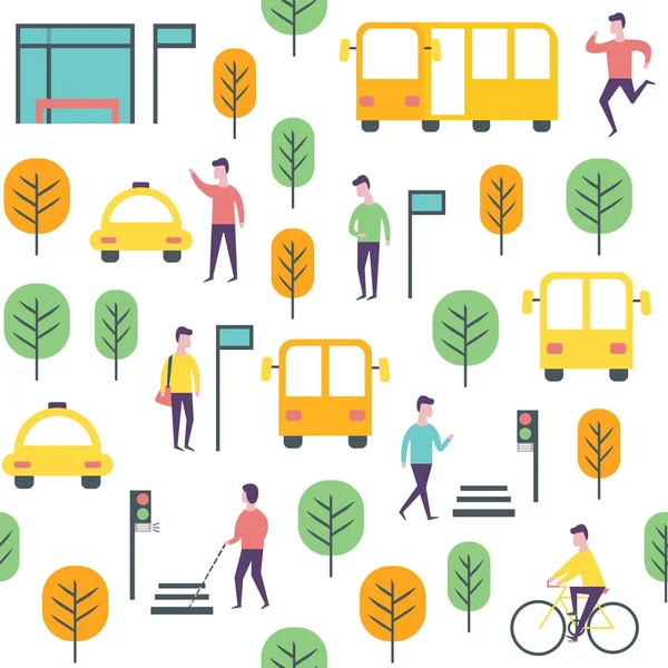 Seamless transport pattern. Vector people and vechicles — Stock Vector