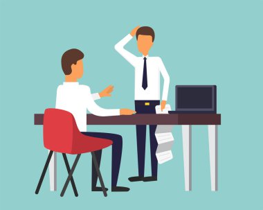 o Şef ve çalışan. Ofis Yöneticisi tutma belgeler. İş ofis vektör illustratio