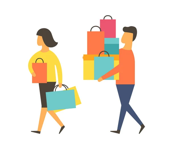 Man en vrouw te koop. Vector mensen winkelen. — Stockvector
