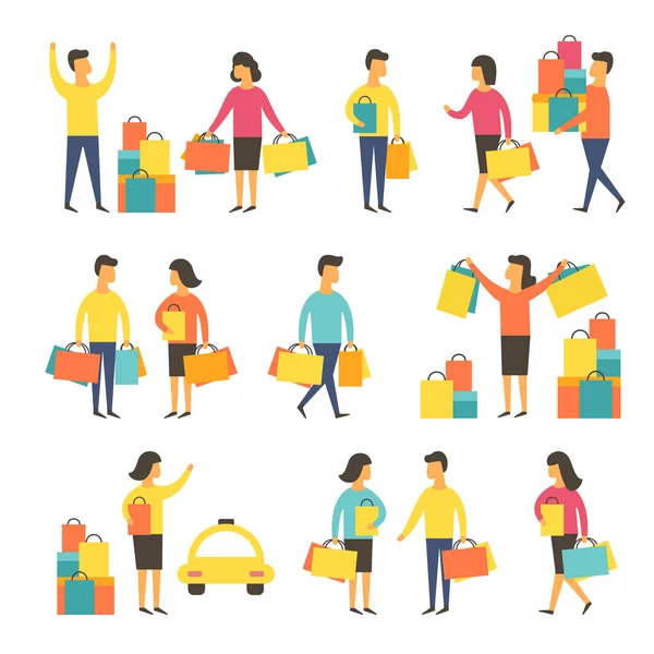 Comprando gente con bolsas. Ilustración vectorial — Vector de stock