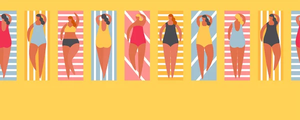 Gente de verano en la playa. Ilustración vectorial frontera sin fisuras — Vector de stock