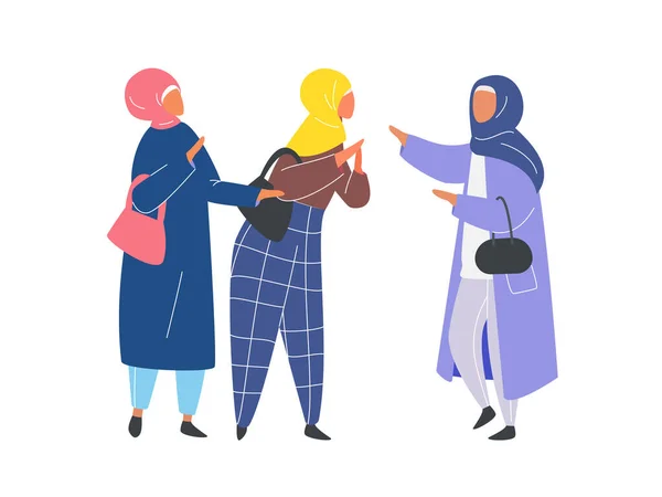 Mujer musulmana en hiyab hablando con amigos. Diseño plano vector . — Archivo Imágenes Vectoriales