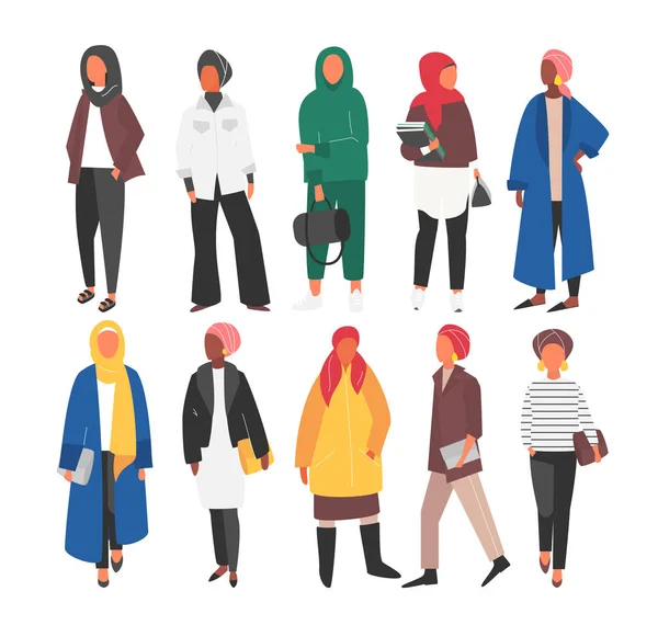 Hijab Muslim Woman set. Moda árabe islámica cubierta. Vector de personas . — Vector de stock