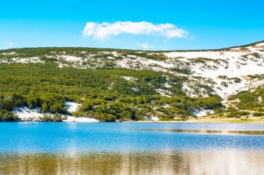 Güzel göl, yeşil ve kar dağlar görünümü