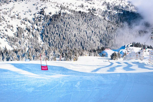 Winterpanorama der Pisten im Skigebiet, Schneebäume, blauer Himmel — Stockfoto