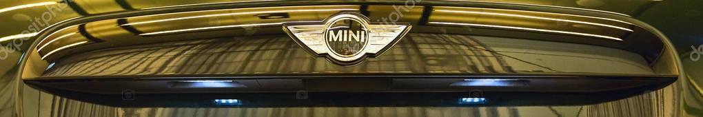 Munich, Germany - December 28, 2016: BMW Mini Cooper logo front view banner background