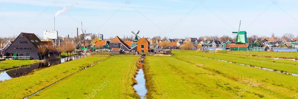 Panorama with windmill in Zaanse Schans, traditional village, Netherlands, North Holland