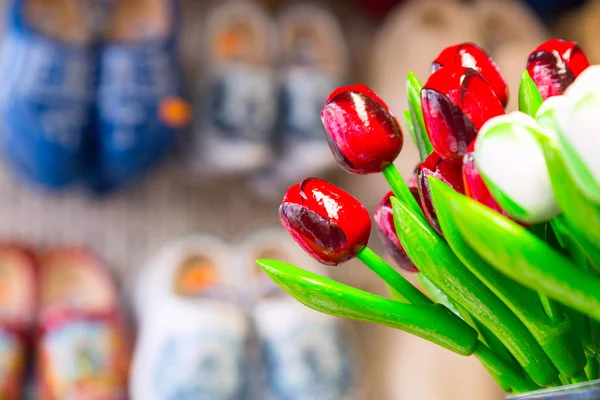 Cama de flores com tulipas vermelhas e amarelas, casas desfocadas em Amsterdam — Fotografia de Stock