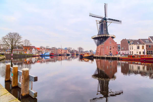 Malerische Morgenlandschaft mit Windmühle, haarlem, holland — Stockfoto