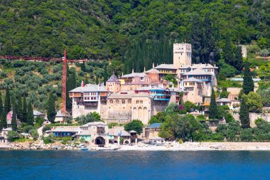 Dochiariou Deniz Manzaralı manastırda Athos Dağı, Halkidikya, Yunanistan