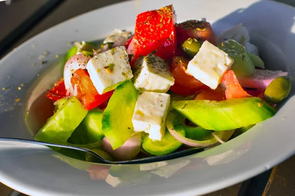 Greek Fresh vegetable salad with white feta cheese — Stock Photo, Image