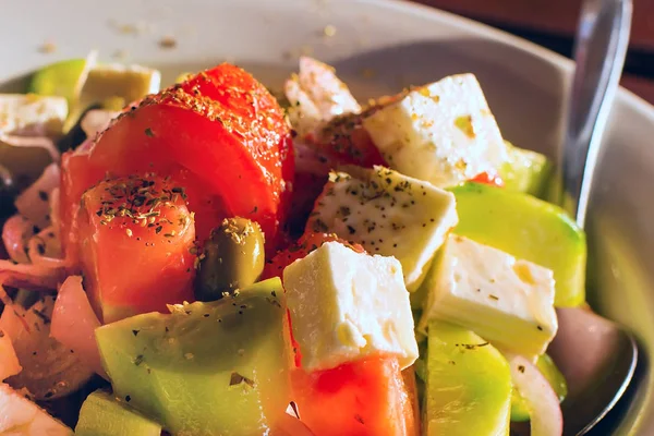 Greek Fresh vegetable salad with white feta cheese — Stock Photo, Image