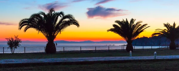 Захід сонця над морем з панорамою пальмами — стокове фото