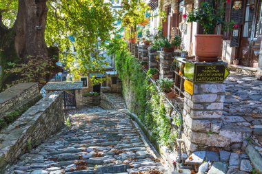 Sokak ve kafe Pelion, Yunanistan Makrinitsa köyde görüntülemek