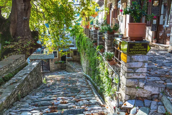 Street and cafe view a Makrinitsa villaggio di Pelion, Grecia — Foto Stock