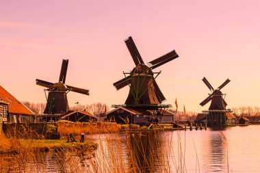 Panorama Zaanse Schans'a, geleneksel köy, Hollanda,'daki yel değirmenleri ile Kuzey Hollanda