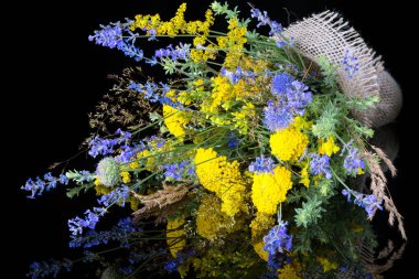 Siyah arka planda bir buket taze kır çiçeği