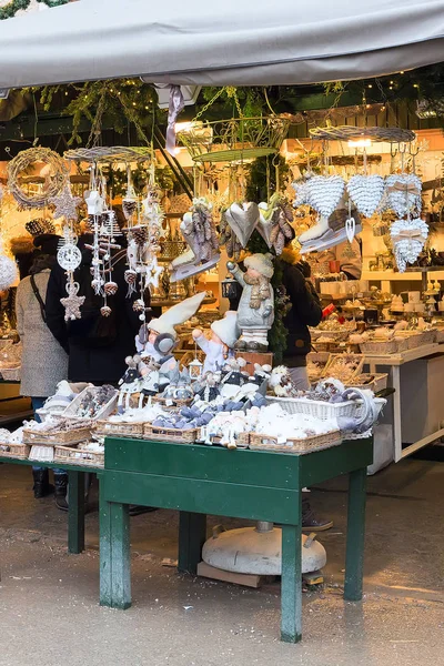 European Christmas market stall with different gifts — Stock Photo, Image