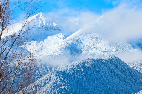 Bergstoppar och blå himmel med moln bakgrund — Stockfoto