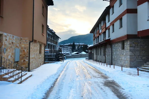 Winter street view of ski resort Bansko, Bulgaria