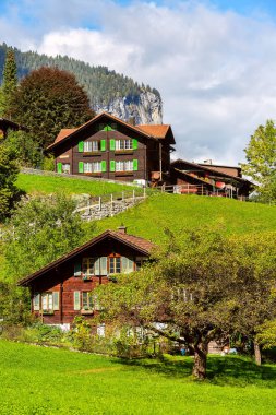 Lauterbrunnen, İsviçre Alp evleri manzaralı