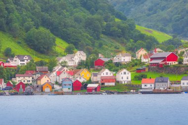 Norveç köyü ve dağ manzarası