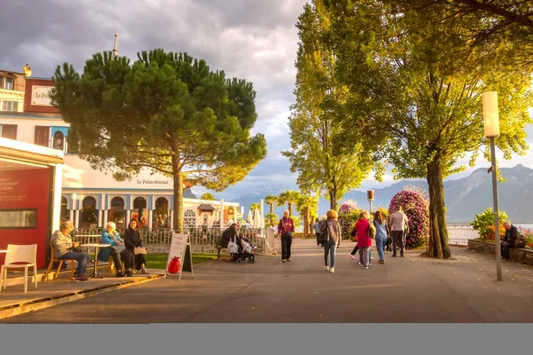 Montreux Switzerland October 2019 Panoramic Colorful Sunset View Promenade Street — Stock Photo, Image