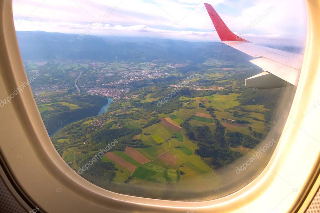 Aerial view of Switzerland green valley and river