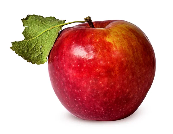 Στο μέτωπο κόκκινο ώριμο μήλο με πράσινο φύλλο — Φωτογραφία Αρχείου