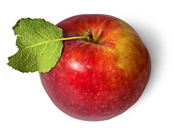 Red ripe apple with green leaf top view — Stock Photo, Image