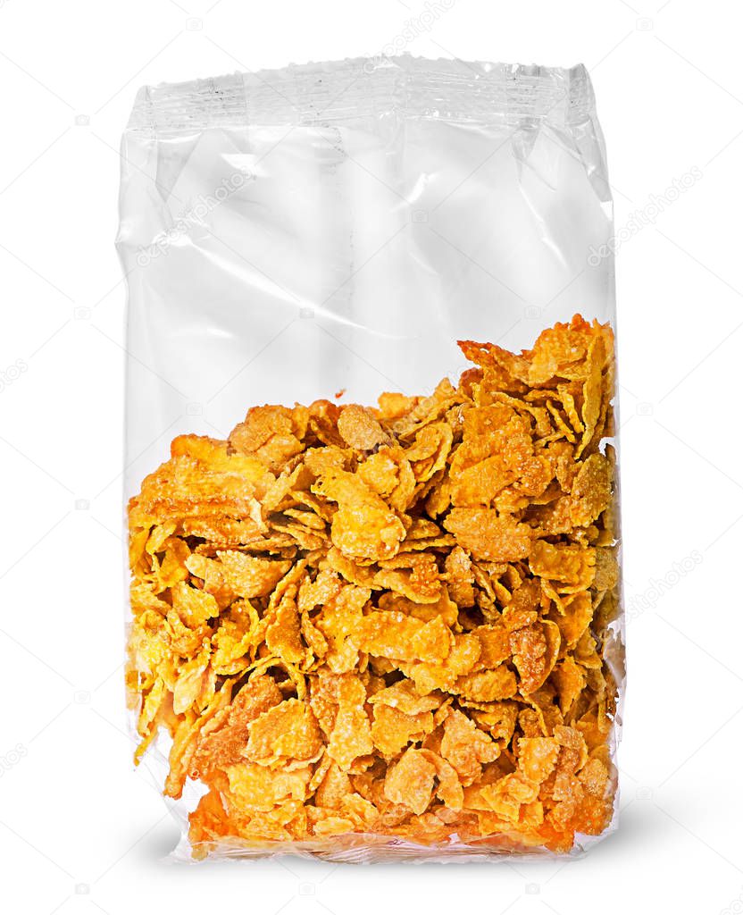 Sealed package of cornflakes vertically