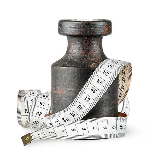 Old rusty weight wrapped centimeter — Stock Photo, Image