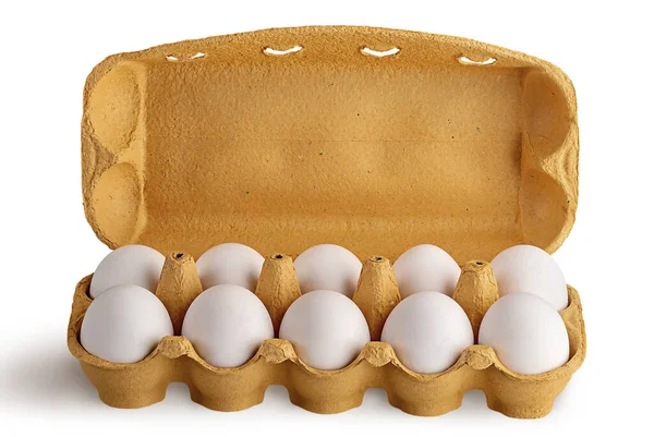 Bandeja Aberta Com Dez Ovos Brancos Isolados Vista Frontal Fundo — Fotografia de Stock