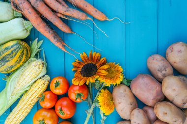 Taze sebze ve meyve mavi arka plan üzerinde. Sağlıklı beslenme kavramı