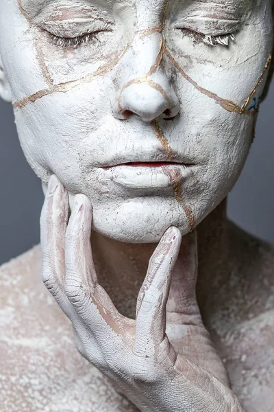 Art portrait of woman covered in clay — Stock Photo, Image