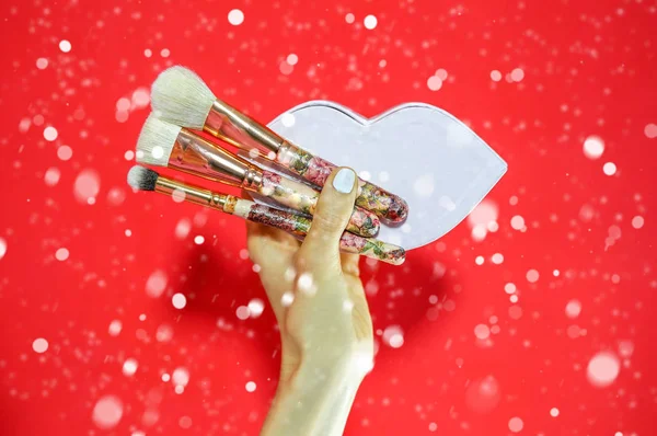 Набор Профессиональных Кистей Макияжа Выделен Красным Цветом Эффектом Снега Рождественский — стоковое фото
