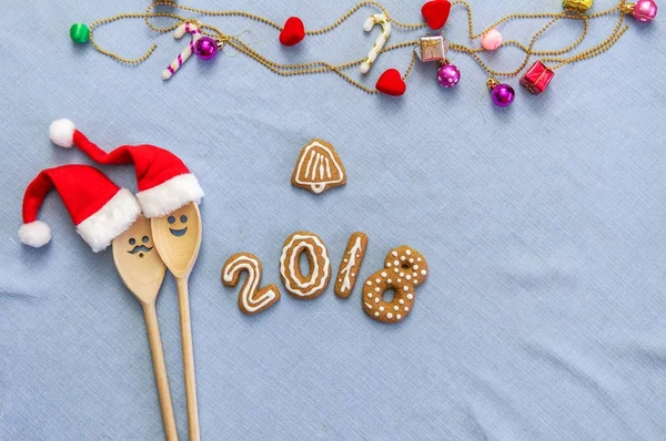 Puesta Plana Pan Jengibre Navidad Números 2018 Sobre Tela Tabla — Foto de Stock
