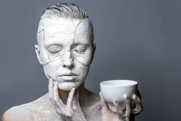 Art Portrait Woman Covered Clay — Stock Photo, Image