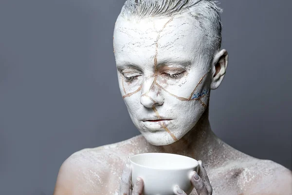 Art Portrait Woman Covered Clay — Stock Photo, Image